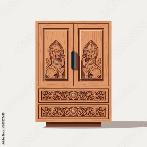 Exquisite wooden carved cabinet showcasing mythical figures and floral motifs