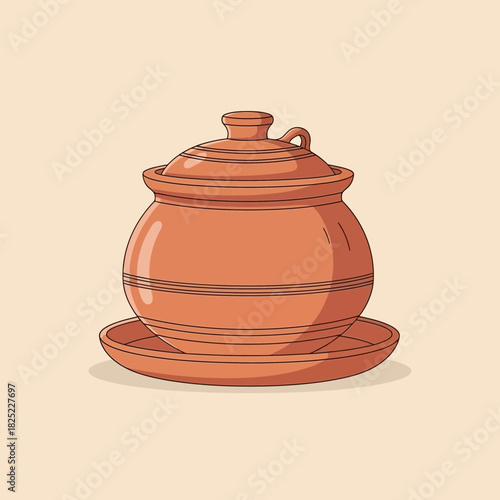 Illustration of a Classic Terracotta Pot with Lid on a Matching Saucer
