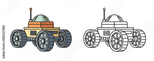 Detailed cartoon drawing of a planetary rover or moon buggy with a domed observation unit and large wheels in light brown and gray colors, representing space exploration and science