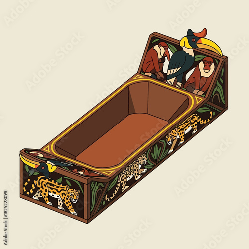 Ornate Amazonian Wildlife-Themed Wood Carving with Jaguar, Monkeys, and Toucans