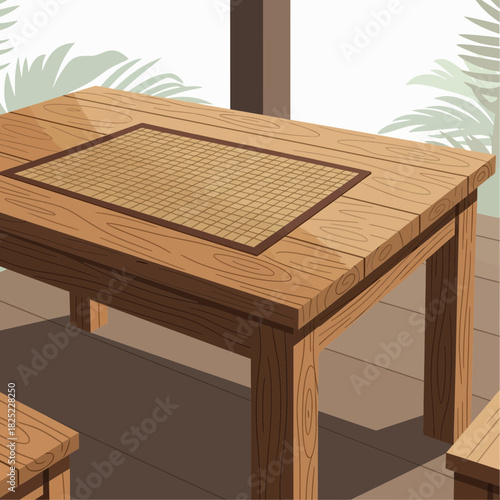 Rustic wooden table with woven placemat in tropical outdoor setting illustration