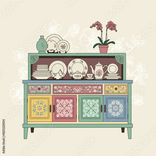 Vintage floral cupboard with china and orchid illustration for home decor