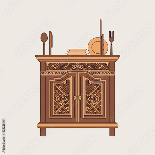 Vintage wooden cabinet with intricate carvings, cutlery, and crockery display