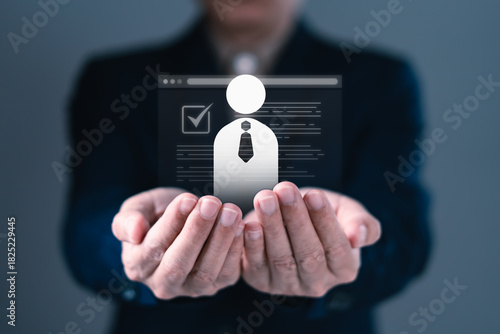 Digital candidate approval and HR management concept with businessman holding verified applicant icon and resume interface