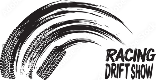 Black and White Racing Tire Track Drift Mark Vector Graphic with "RACING DRIFT SHOW" Text