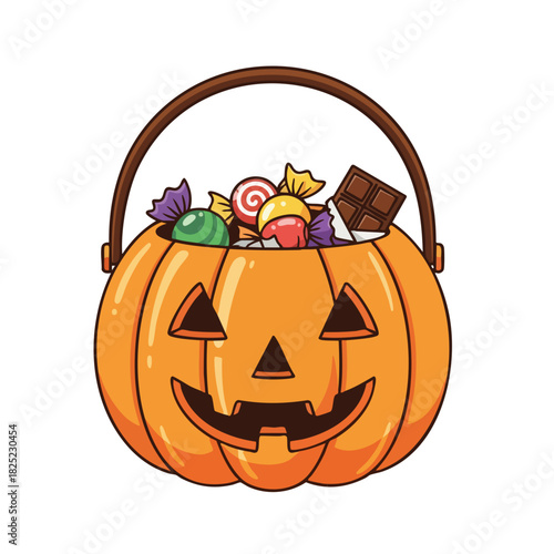 Cartoon Pumpkin Candy Basket Filled with Halloween Treats and a Brown Handle