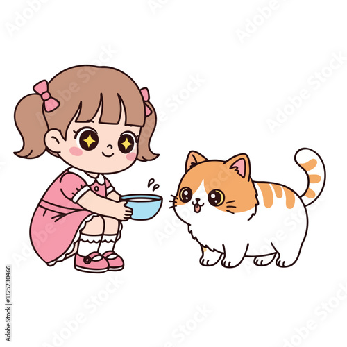 Cartoon girl in pink dress feeding orange and white kitten from blue bowl