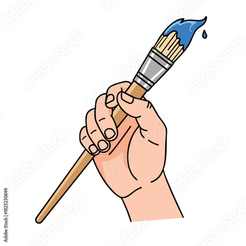Cartoon Hand Holding Paintbrush with Dripping Blue Paint, Artistic Expression