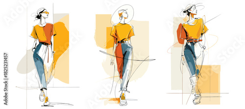 Stylish Fashion Illustrations of Modern Women in Trendy White and Orange T-Shirt Outfits