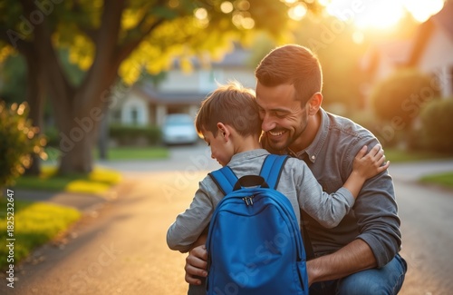 Father hugs son going to school. Man comforts boy with backpack on street. Child says goodbye to dad on road at sunny day. Family support, education, care concept. Togetherness and love.