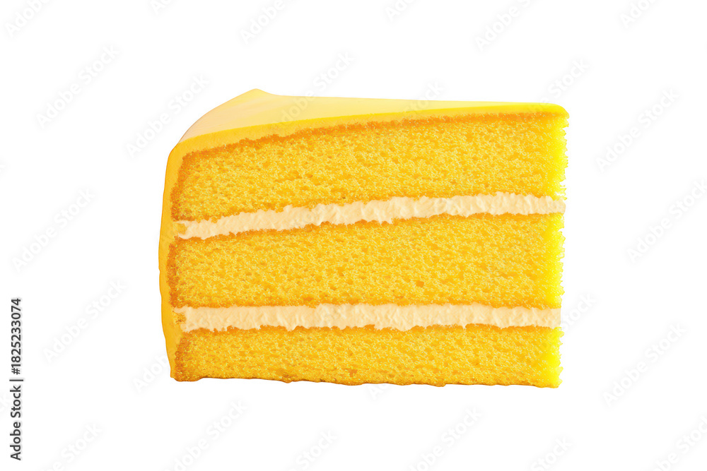Fototapeta premium A slice of yellow cake with creamy frosting. presented on a clean white background. its fluffy texture and inviting appearance. ideal for dessert-related content