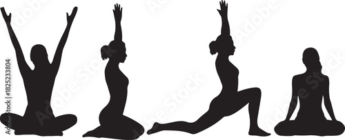 Silhouette shows four women performing yoga poses, promoting peace and well being