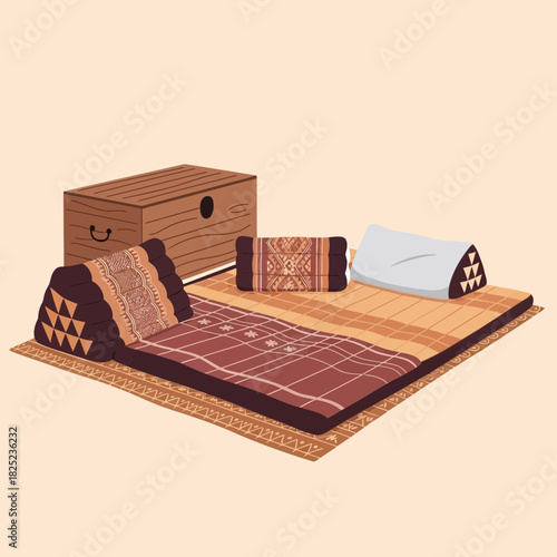 Cozy thai seating arrangement with cushions, pads and wooden chest