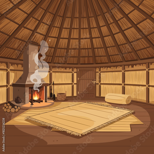 Cozy straw hut interior with fireplace and rug offering rustic escape