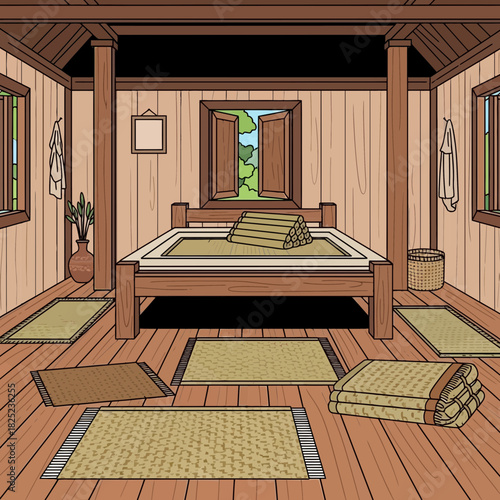 Cozy traditional bedroom interior with wooden textures and woven mats