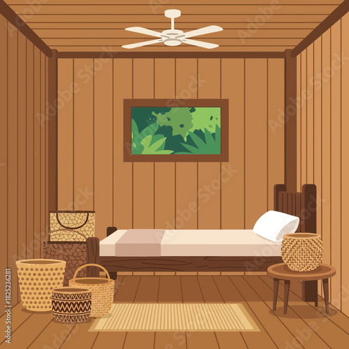 Cozy wooden cabin interior with a bed and nature inspired decoration