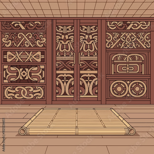 Intricate Wood Carvings and Bamboo Mat Depicting Oriental Culture