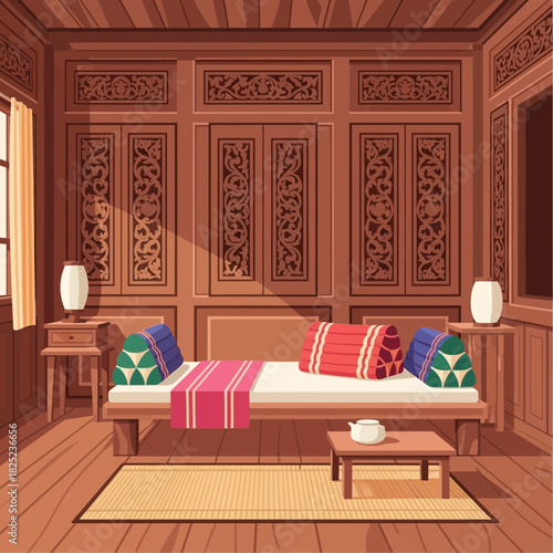 Intricate wooden interior of traditional Thai house showcasing detailed artistry