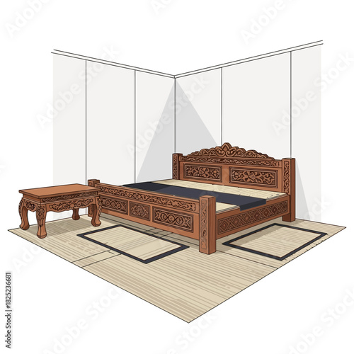 Intricately Carved Wooden Bed and Matching Nightstand in a Minimalist Room