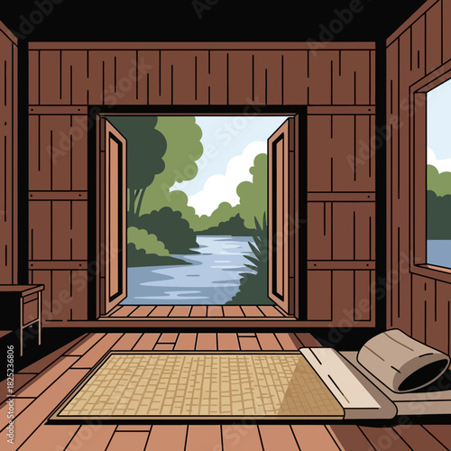 Relaxing cabin retreat overlooking peaceful waterway, scenic escape view