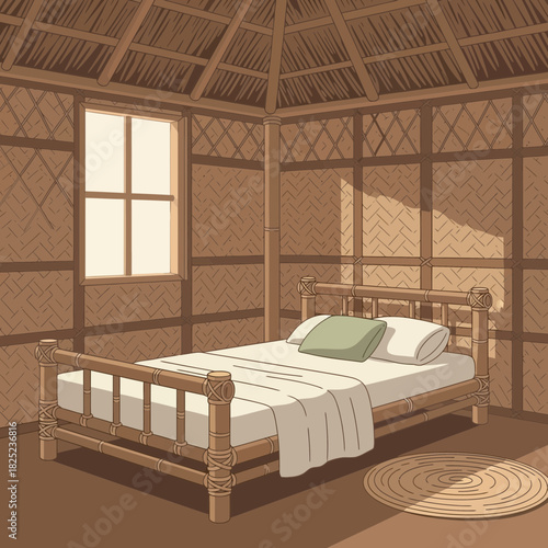 Rustic bedroom illustration with bamboo bed and woven walls and ceiling