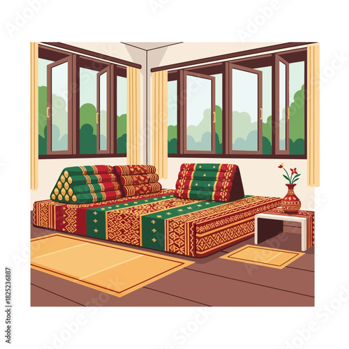 Serene Thai style interior design vector illustration and decoration