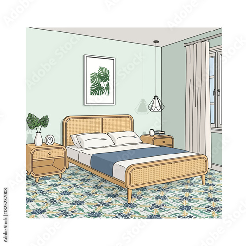 Stylized bedroom interior illustration featuring a rattan bed frame