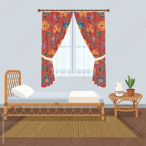 Stylized bedroom interior with rattan furniture and vibrant floral curtains