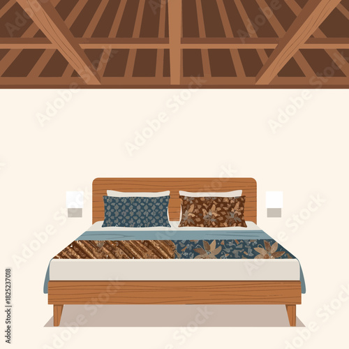 Stylized Bedroom Interior with Wooden Beams and Coordinated Bedding