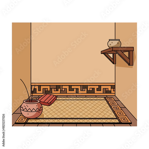 Stylized Interior Depicting Ancient Greek or Roman Aesthetics with Warm Colors