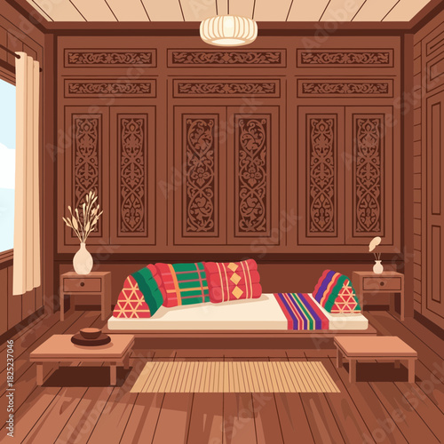 Traditional Malay house interior with ornate wood carvings and daybed scene