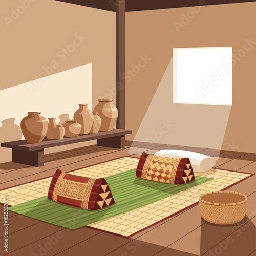 Tranquil Asian-Inspired Interior Scene with Cushions, Vases and Soft Sunlight