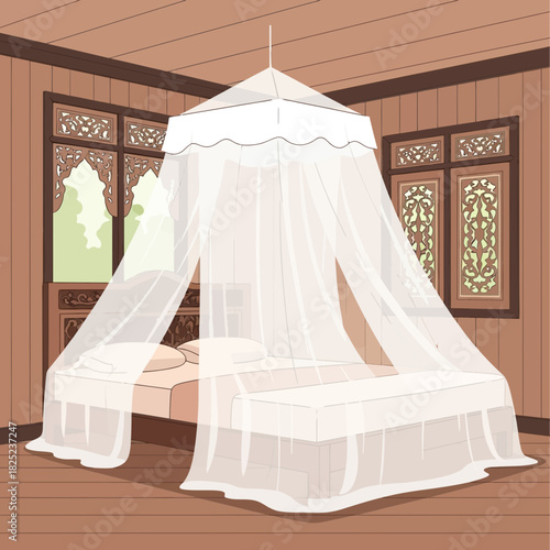 Vintage bedroom interior with mosquito net and wooden window lattice