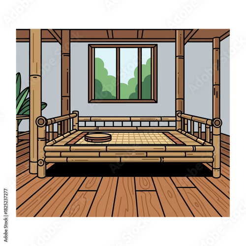 Serene Bamboo Sanctuary: A Glimpse into Minimalist Retreat with Woven Bed