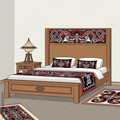Bedroom scene with cultural tribal motif designs on bed headboard and carpets