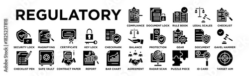 regulatory icon set. Editable Stroke Icon Collection. Compliance Checkmark, Document Lock, Rule Book, Legal Scales, Checklist Checkmark, Balance Scale, Shield Protection, Gear Settings, Document 
