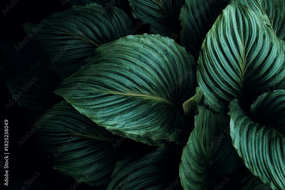Obraz premium Close Up of Lush Green Leaves with Water Droplets on Dark Background