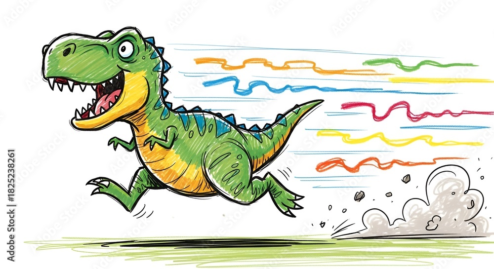 Obraz premium A playful cartoon T-Rex sprints forward, its mouth open in a cheerful expression of joy