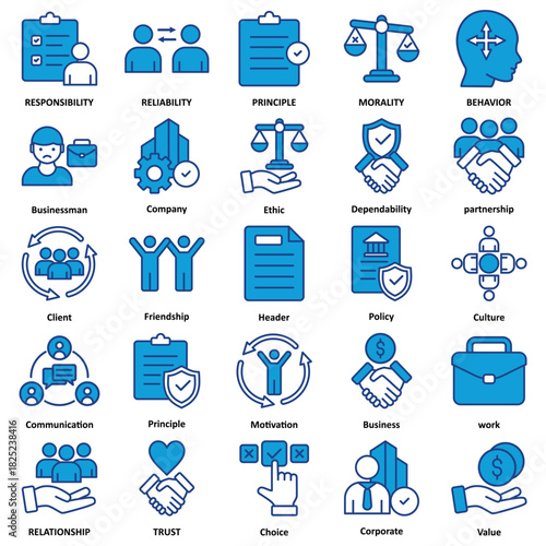 Business ethicsSet of 25 thin Duotone icon vector illustration. icon of responsibility, reliability, principle, morality, behavior, relationship, and trust