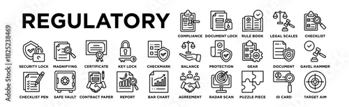 regulatory icon set. Editable Stroke Icon Collection. Compliance Checkmark, Document Lock, Rule Book, Legal Scales, Checklist Checkmark, Balance Scale, Shield Protection, Gear Settings, Document 