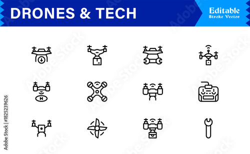 Drones and tech line icon set featuring pixel-perfect editable icons in a modern, minimal style perfect for technology, innovation, and aerial themes.