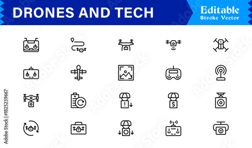 Drones and tech line icon set featuring pixel-perfect editable icons in a modern, minimal style perfect for technology, innovation, and aerial themes.