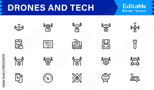 Drones and tech line icon set featuring pixel-perfect editable icons in a modern, minimal style perfect for technology, innovation, and aerial themes.