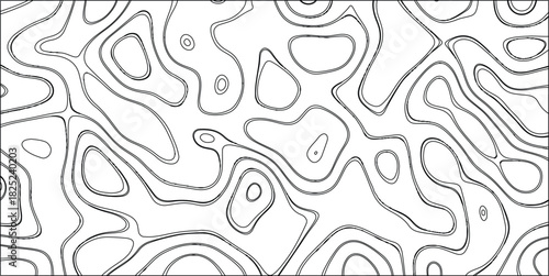 Black and white abstract contour map pattern with bold, thick black lines defining irregular organic shapes and enclosed areas, ideal for graphic design, textures, and artistic backgrounds