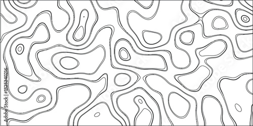Black and white abstract contour map with irregular organic shapes and flowing lines creating a dynamic and complex topographical pattern suitable for graphic design and backgrounds