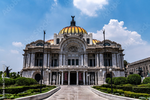 A striking view of Palacio de Bellas Artes featuring its marble façade, grand dome, and iconic Art Nouveau and Art Deco design in the heart of Mexico City.