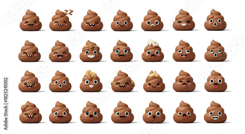 A collection of 28 brown swirled poop emojis with various expressions arranged on a white background