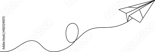 Minimalist line drawing of a paper airplane soaring through the sky, leaving a whimsical curved trail, symbolizing flight and imagination