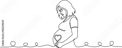 Line Art of a Pregnant Woman Embracing Her Belly with a Heart Symbol Concept of Motherhood and Care
