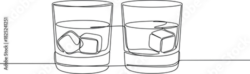 A minimalist line art illustration of two classic short glasses filled with a beverage and ice cubes, perfect for a bar menu or icon